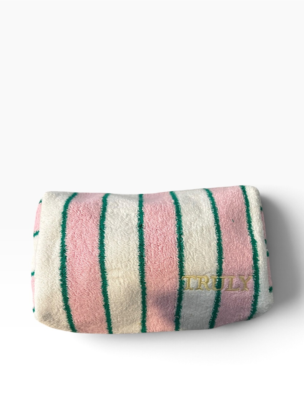 TRULY Beauty Pink Terry Stripe Cosmetic Makeup Bag Gold Zip